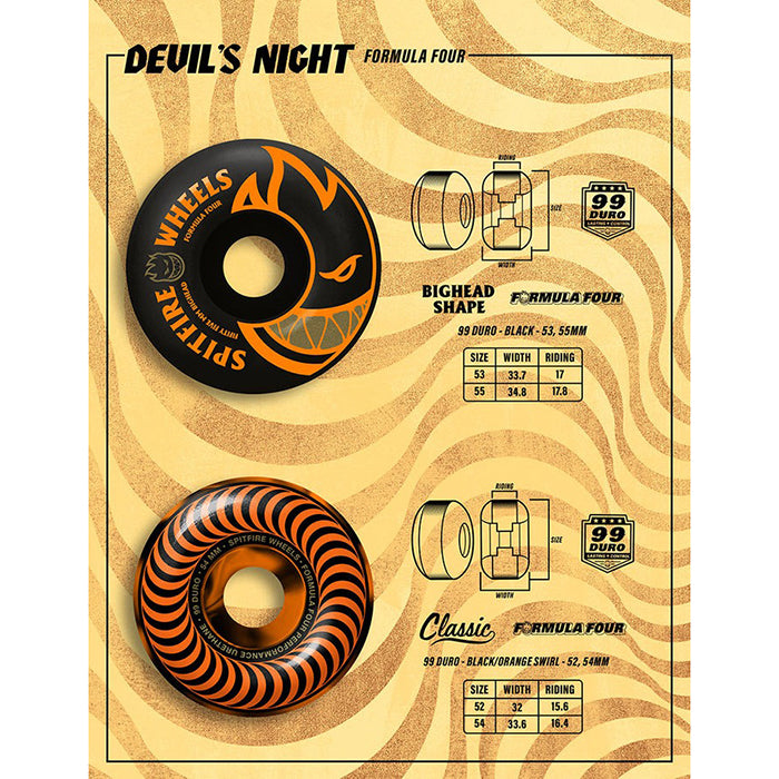 SPITFIRE WHEELS(スピットファイア ウィール)| DEVIL'S NIGHT FORMULA FOUR CLASSIC / BLACK ORANGE - 54MM 99DU | スノーボード・スケートボードのTACTICS JAPAN