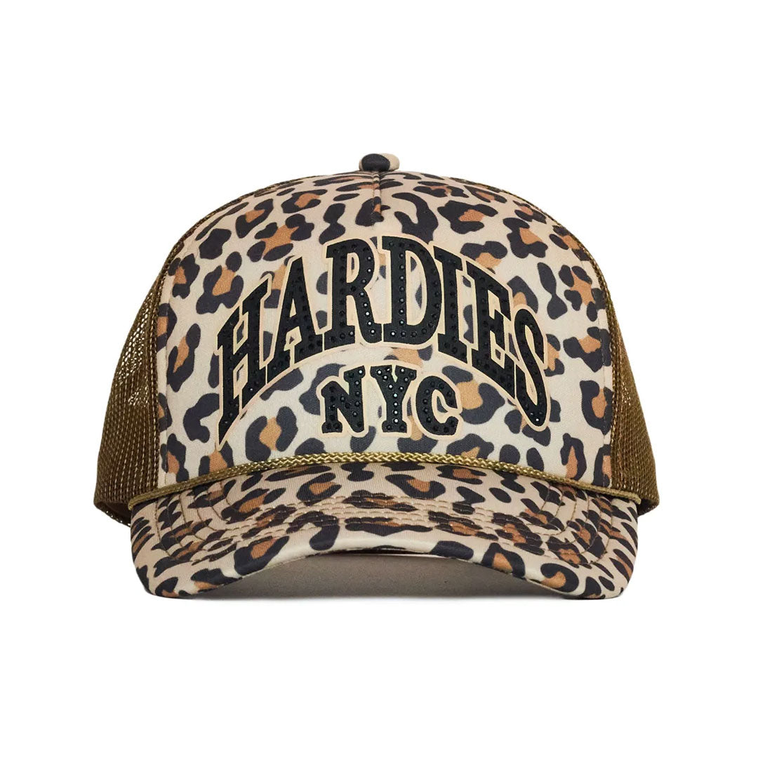 HARDIES HARDWARE(ハーディーズ ハードウェア)| HARDIES NYC RHINESTONE PRE CURVE TRUCKER HAT / LEOPARD BLACK | スノーボード・スケートボードのTACTICS JAPAN