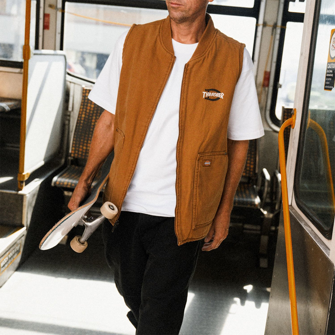 DICKIES SKATEBOARDING(ディッキーズ スケートボーディング)| DICKIES X THRASHER REVERSIBLE VEST / BROWN DUCK | スノーボード・スケートボードのTACTICS JAPAN
