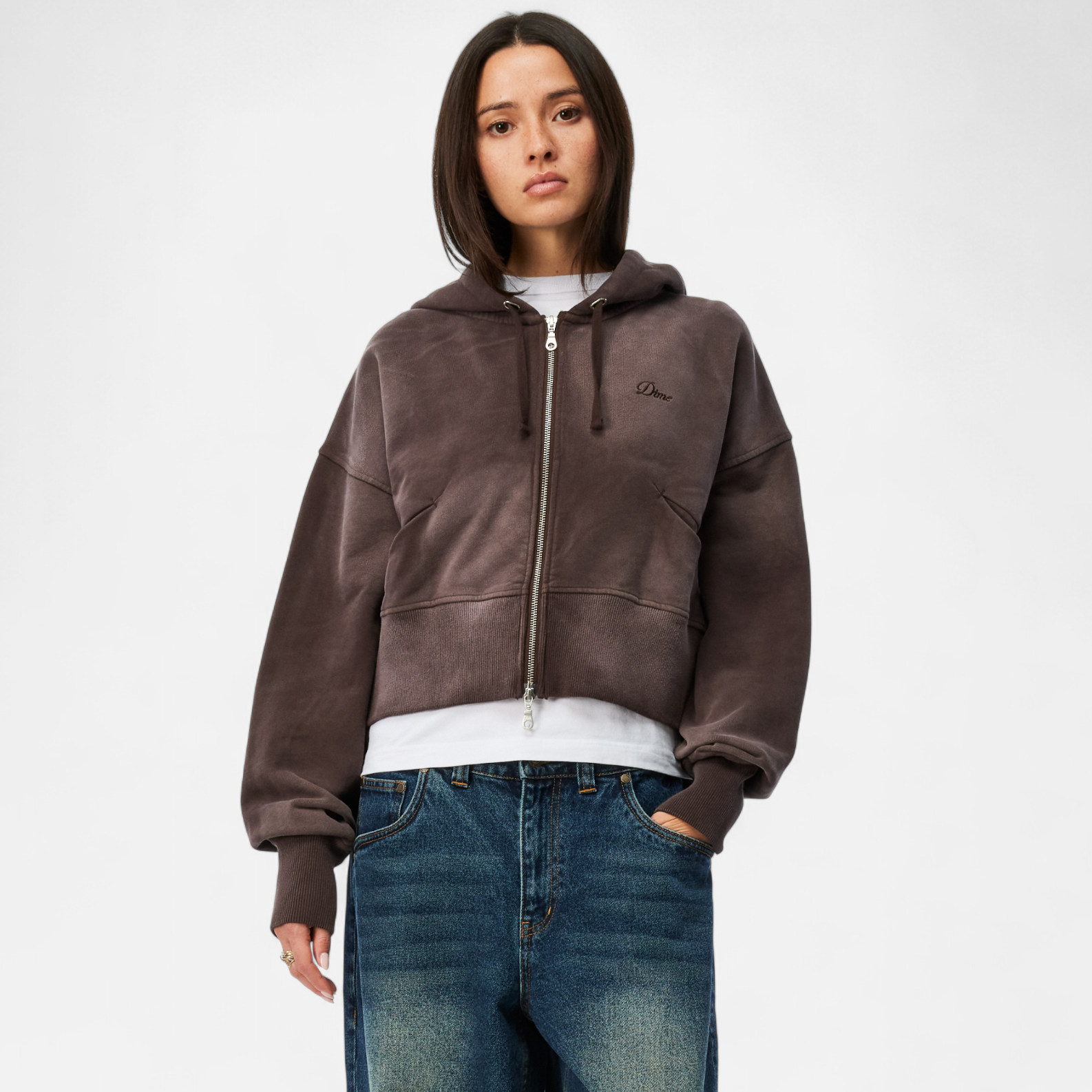DIME MTL(ダイム モントリオール)| CROPPED ZIP HOODIE / BROWN WASHED | スケートボード・スノーボードのTACTICS JAPAN