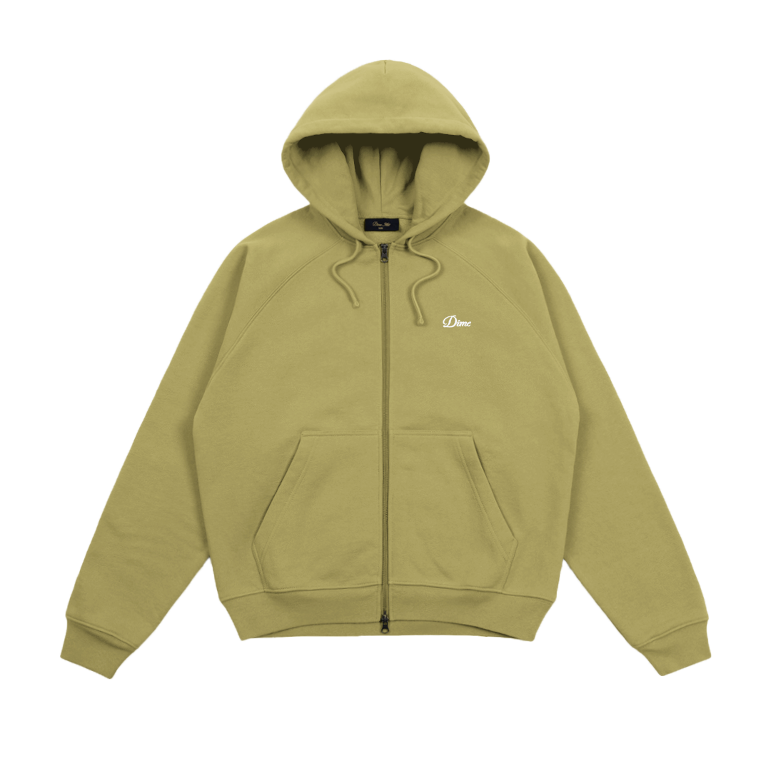 DIME MTL(ダイム モントリオール)| CURSIVE SMALL LOGO ZIP HOODIE / GOLD OLIVE | スケートボード・スノーボードのTACTICS JAPAN