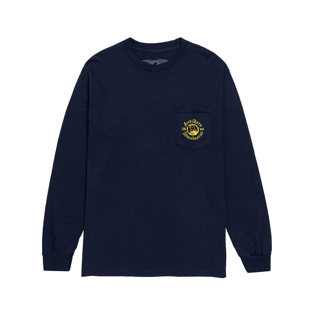 ANTIHERO SKATEBOARDS(アンタイヒーロー スケートボード)| PIGEON MOTION L/S POCKET T-SHIRT / NAVY / YELLOW PRINTS | スノーボード・スケートボードのTACTICS JAPAN