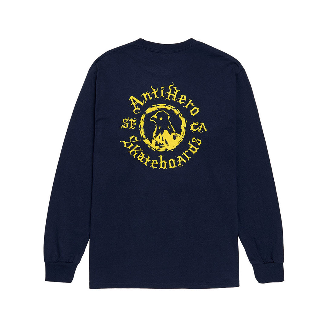 ANTIHERO SKATEBOARDS(アンタイヒーロー スケートボード)| PIGEON MOTION L/S POCKET T-SHIRT / NAVY / YELLOW PRINTS | スノーボード・スケートボードのTACTICS JAPAN