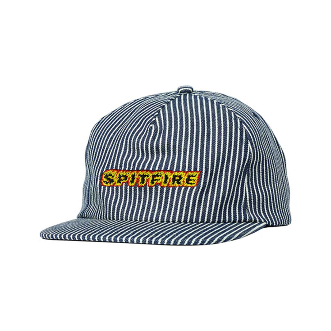 SPITFIRE WHEELS(スピットファイア ウィール)| FLAMES SCRIPT SNAPBACK HAT / INDIGO RAILROAD STRIPE | スノーボード・スケートボードのTACTICS JAPAN