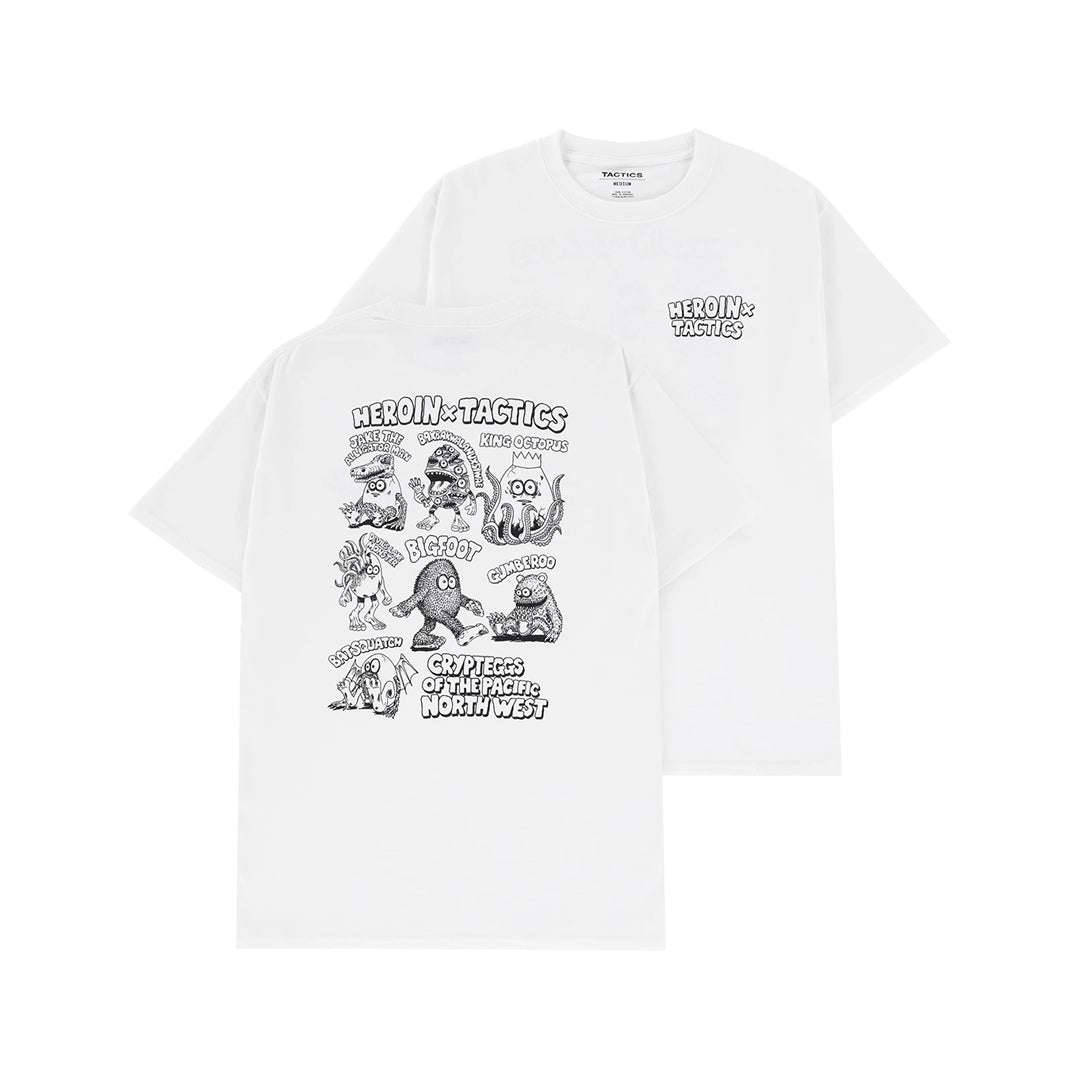 HEROIN SKATEBOARD(ヘロイン スケートボード)| HEROIN X TACTICS CRYPTEGGS T-SHIRT / WHITE | スノーボード・スケートボードのTACTICS JAPAN