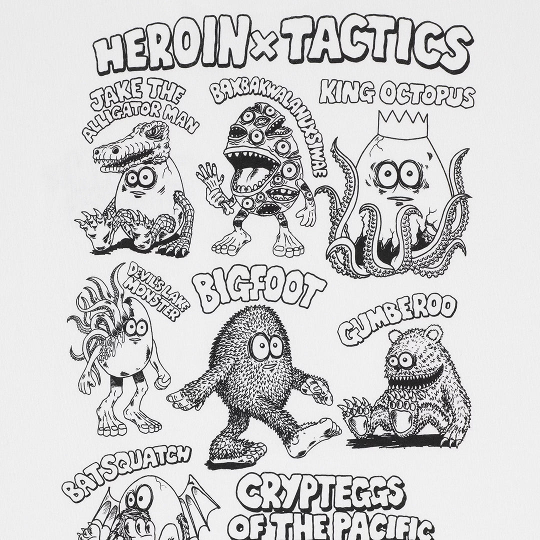 HEROIN SKATEBOARD(ヘロイン スケートボード)| HEROIN X TACTICS CRYPTEGGS T-SHIRT / WHITE | スノーボード・スケートボードのTACTICS JAPAN