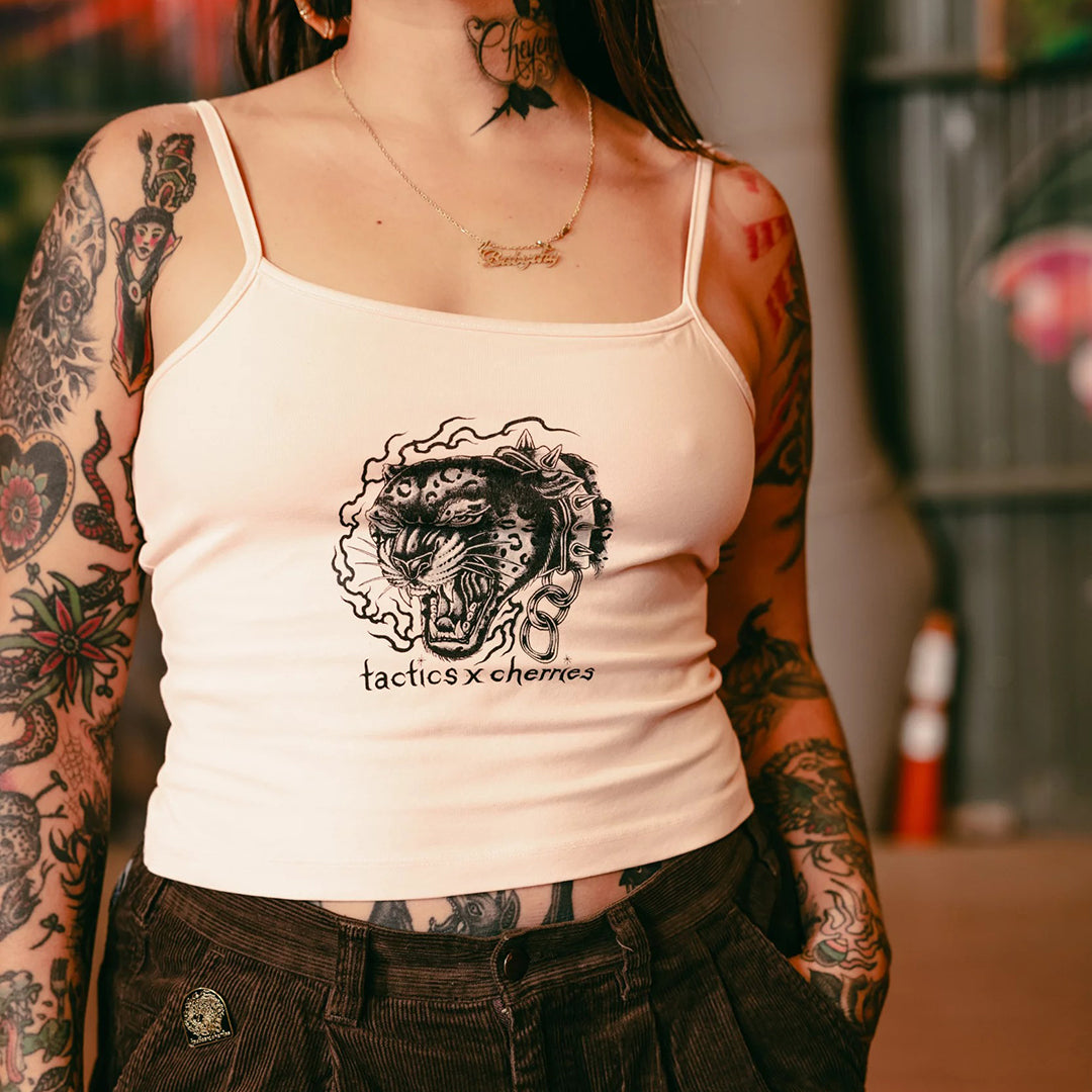 TACTICS(タクティクス)| CHERRIES × TACTICS WOMEN'S WHEELS SPAGHETTI STRAP TANK / LIGHT PINK | スノーボード・スケートボードのTACTICS JAPAN