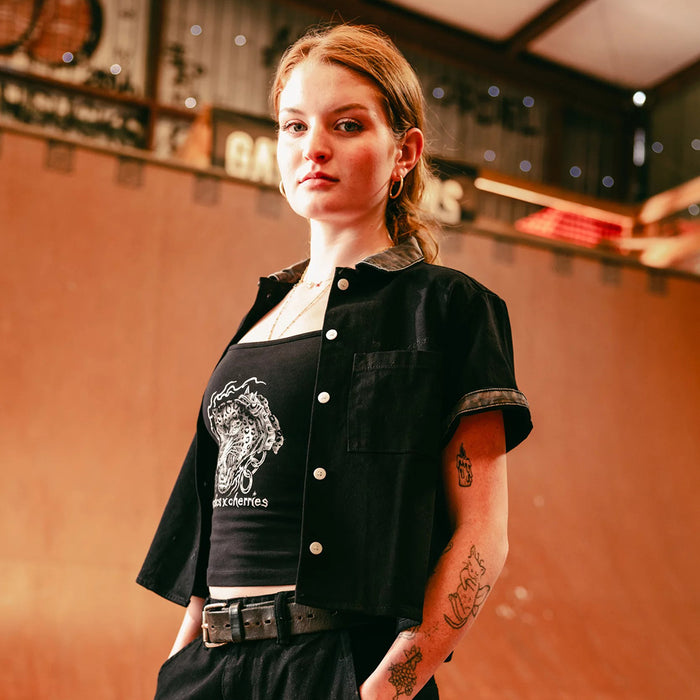 TACTICS(タクティクス)| CHERRIES × TACTICS WOMEN'S WHEELS SPAGHETTI STRAP TANK / BLACK | スノーボード・スケートボードのTACTICS JAPAN
