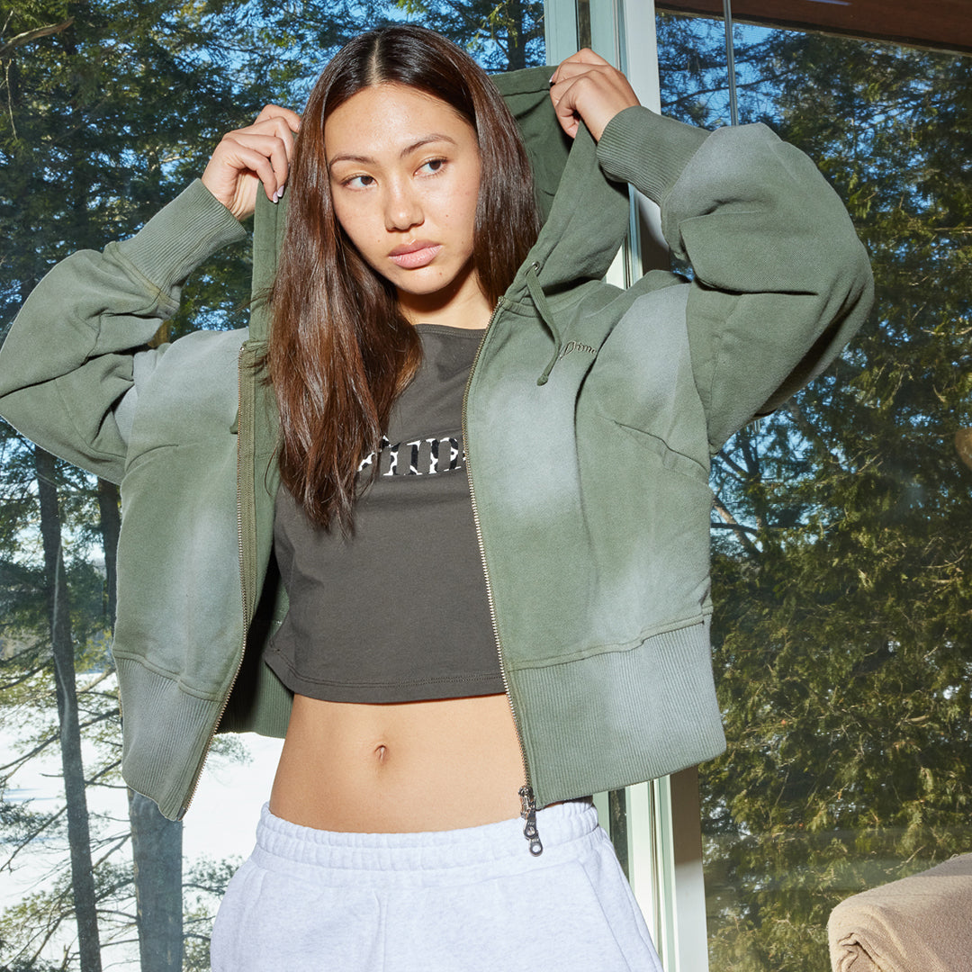 CROPPED ZIP HOODIE / GREEN WASHED