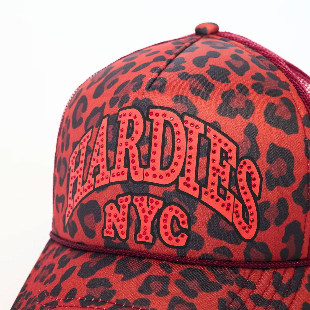 HARDIES HARDWARE（ハーディーズ ハードウェア）| HARDIES NYC RHINESTONE PRE CURVE TRUCKER HAT / RED LEOPARD | スノーボード・スケートボードのTACTICS JAPAN