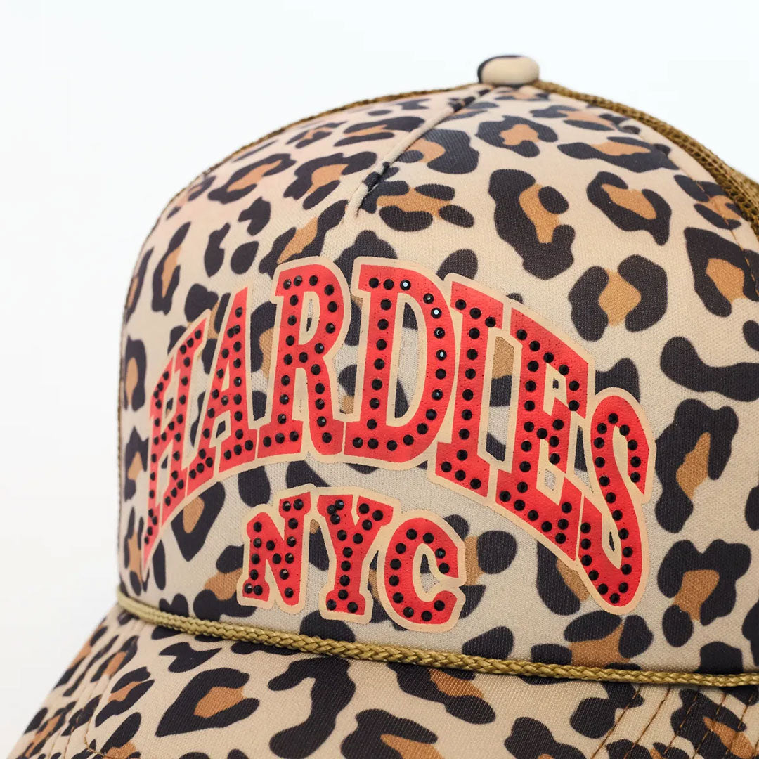 HARDIES HARDWARE（ハーディーズ ハードウェア）| HARDIES NYC RHINESTONE PRE CURVE TRUCKER HAT / LEOPARD/RED | スノーボード・スケートボードのTACTICS JAPAN