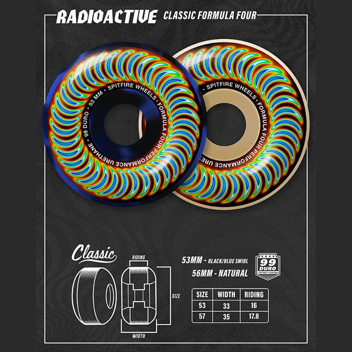 SPITFIRE WHEELS（スピットファイア ウィール）| FORMULA FOUR RADIOACTIVE CLASSIC SKATEBOARD WHEELS - 56MM 99DU | スノーボード・スケートボードのTACTICS JAPAN